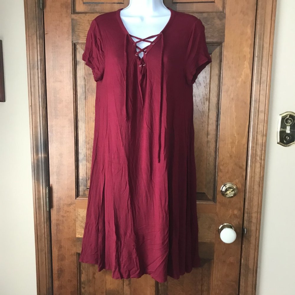 Old Navy Burgundy V-Neck with Self-Tie Shoestring Dress Large